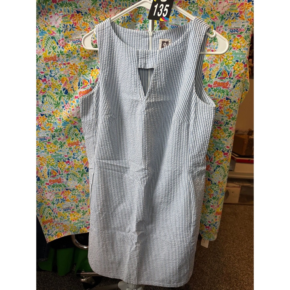 135 Anne Klein Blue White Seersucker Striped Sleeveless Shift Dress 6